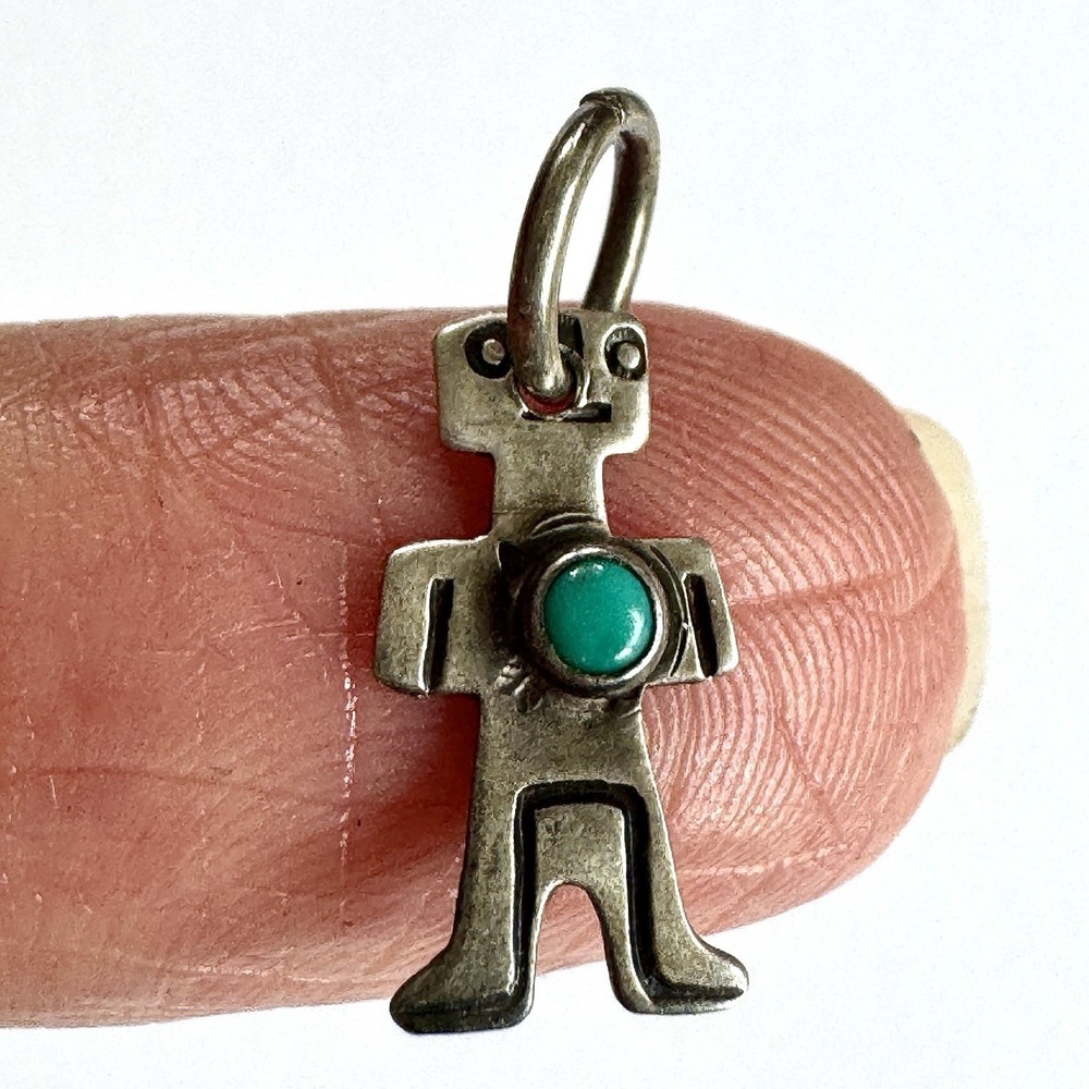 Tiny Navajo Dancer Turquoise Pendant Harvey Era Sterling Charm Native VTG